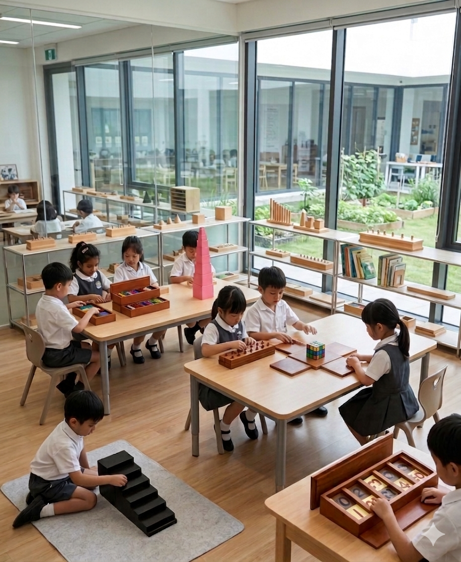 Children in uniforms working independently at Montessori tables